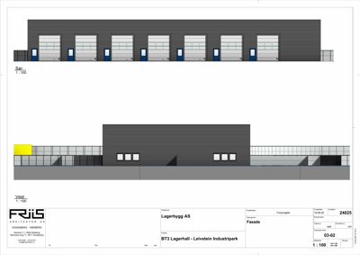 Fasadetegning av en lagerhall med visuell fremstilling av dører, vinduer og fasadefasader.