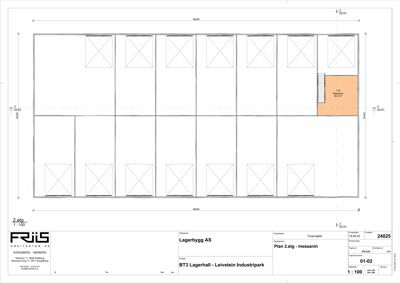 Etasjeplan for 2. etasje (messanin) av BT3 Lagerhall, som viser romfordeling og målinger.