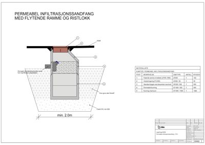 Tegning av en teknisk løsning for en infiltrasjonsandfang med flytende ramme og ristlokk, inkludert dimensjoner og materialliste.