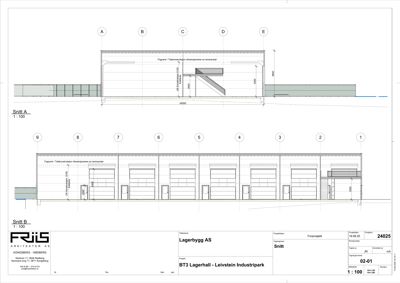 Snittegning av en lagerhall med to snitt (A og B) som viser fasade og takkonstruksjon.