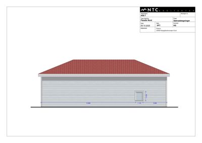 Fasadetegning av en bygning sett fra nord, med oppgitt mål og tegningsinformasjon.