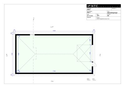 Etasjeplan (Type tegning Plan 1) som viser romfordeling, dimensjoner og inngangsplassering for en bygning.