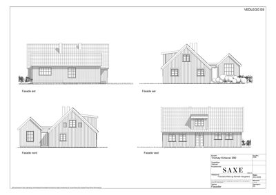 Fasadetegning som viser bygningens utsyn fra alle fire sider (øst, sør, nord og vest).