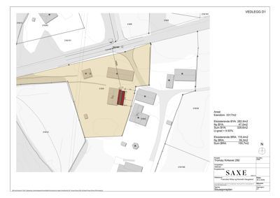Situasjonsplan som viser tomtens grenser, nabolag, eksisterende og nybygg med arealopplysninger.
