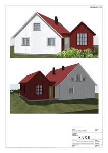 3D-visualisering av en bolig med to fasader (frem og side), inkludert fargevalg for vegger, tak og vinduer.