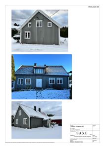 Tre fotografier av en eksisterende bygning (Tromøy Kirkevei 290) i snø, inkludert et bilde med tegningsstempel.