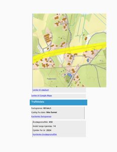 Et digitalt kart som viser et område med bygninger, veier (inkludert 'Sporstøveien' og 'Flademoen') og en markert gult bånd. Bildet inneholder også tekstblokker med trafikkdata.