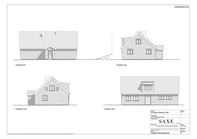 Fasadetegning som viser eksisterende fasader (øst, sør, nord, vest) for en bygning.