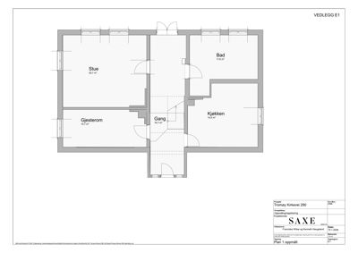 Etasjeplan (oppmålt plan) som viser romfordeling, arealer og dører for et hus.