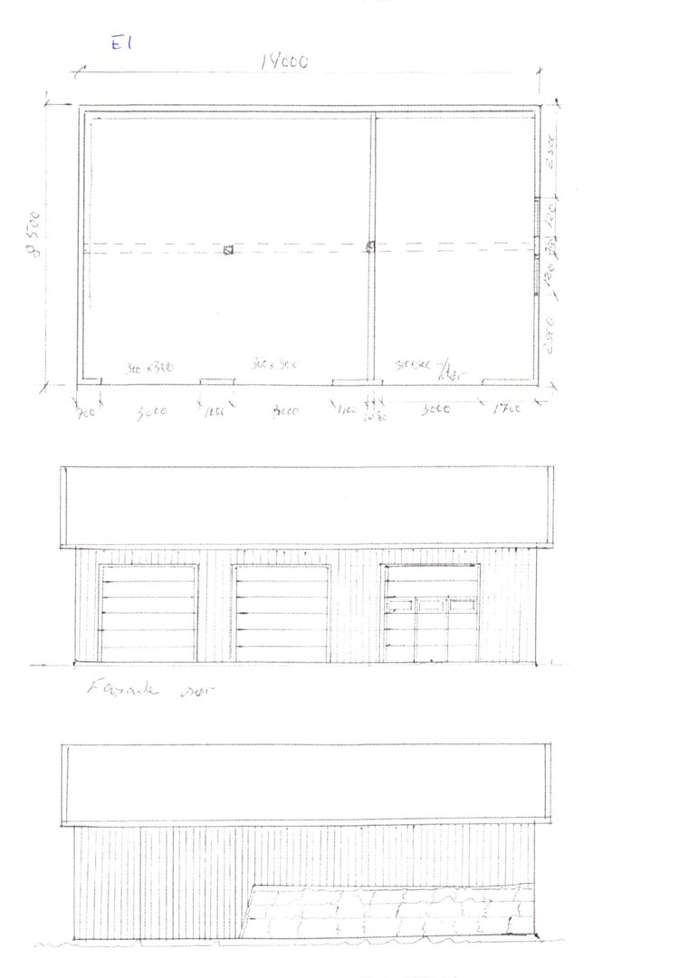 Håndtegnet fasadeopprikk (fra front) med mål og detaljer for dører og vinduer.