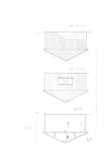 Håndtegnet oppriss (fakade) av en bygning sett fra tre sider: front, side og bak.