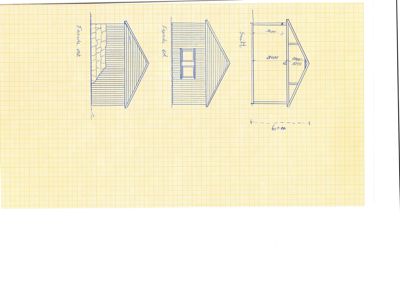 En håndtegnet fasadetegning som viser tre utsnitt av en bygning (front, side og snitt) med mål og tekstbeskrivelser.