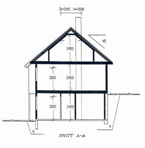 Snittegning (SNITT A-A) som viser bygningens tverrsnitt med mål på høyder, takhøyde og skråning.