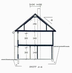 Snittegning (SNITT A-A) som viser bygningens tverrsnitt, høyder, takhelling og konstruksjon.
