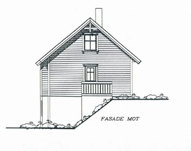 Tegning som viser fasadeopprikk av en hytte sett fra fronten (mot nord/sør), med teksten 'FASADE MOT' nederst.