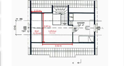 Etasjeplan (loftstue) med romfordeling, dimensjoner og arealoppdeling.
