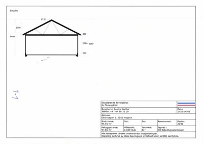 Snittegning som viser tverrsnittet av en bygning med mål på takhøyde, takvinkel og grunnflate.