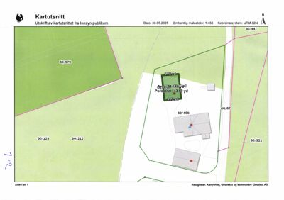 Kartutsnitt som viser eiendomsgrenser, areal og tomtens plassering i forhold til naboarealer.