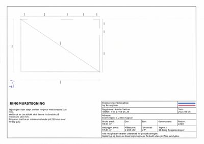 Tegning av en ringmur (fundament) med angitte mål og konstruksjonsdetaljer.
