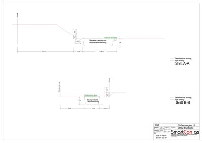 Snittegning (Snitt A-A og Snitt B-B) som viser terrengforhold, bassengdybde og nivåer i forhold til eksisterende og nytt terreng.