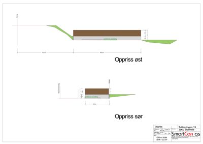 Fasadetegning (oppriss) som viser bygningens profil sett fra øst og sør, inkludert høyder, terrengforhold og takform.