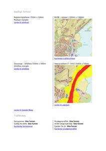 Et dokument som viser ulike kart og geografiske data, inkludert situasjonskart, ortofoto og støykart.
