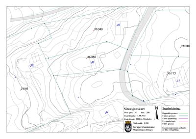 Situasjonskart fra Kragerø kommune som viser eiendomsgrenser, høydeforhold (konturlinjer) og bygningsplasseringer.