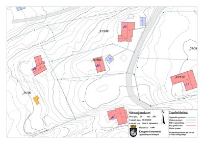 Situasjonskart fra Kragerø kommune som viser eiendomsgrenser, høydeforhold (konturlinjer) og bygningsplasseringer.