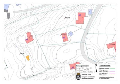 Situasjonskart fra Kragerø kommune som viser eiendomsgrenser, høydeforhold (konturlinjer) og bygningsplasseringer.