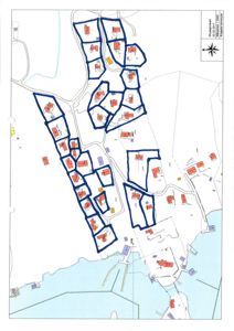 Situasjonsplan som viser tomtene, bygninger og infrastruktur i et område.