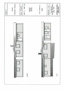 Fasadetegning som viser bygningens utseende sett fra nord og syd.