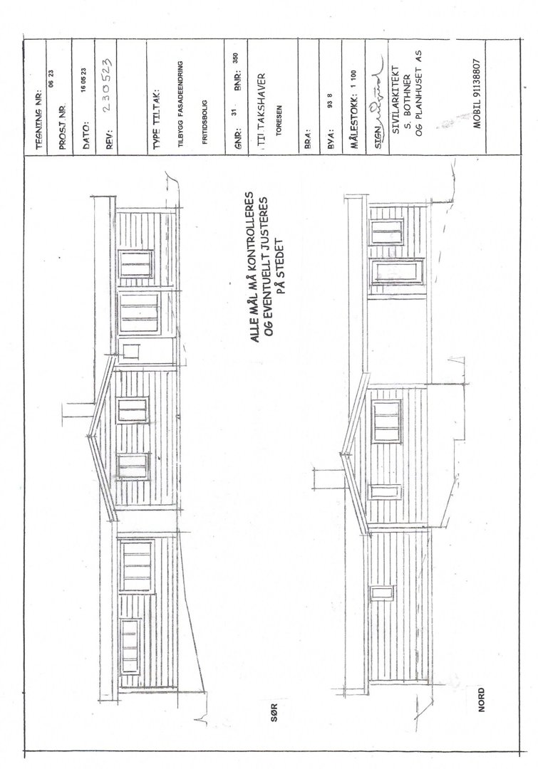 Fasadetegning som viser bygningens utseende fra nord og sør.