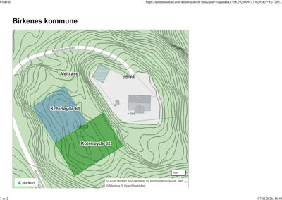 Kommunekart fra Birkenes kommune som viser tomtene Kote høyde 61 og 62, samt nabolag og terrengforhold.