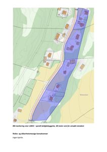Situasjonsplan som viser eiendommen i forhold til nabolaget, veier (Lyngskiftveien) og topografi. Den blå markeringen indikerer et spesifikt bebyggelsesområde (LSB55).