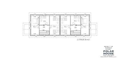 Etasjeplan for 2. etasje som viser romfordeling, dører, trapp og arealer (56 m2).