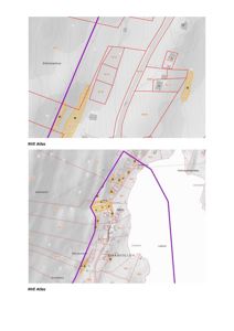 Bildet viser to kart fra NVE Atlas som viser topografi, eiendelsinndeling (tomter) og infrastruktur i området Bikkavollen og Slättbekkan.