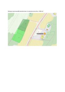 Situasjonsplan som viser eiendomsdeling med to nye eiendommer på ca. 1500 m2 hver, inkludert vegforhold og eksisterende bygninger.