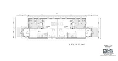 Etasjeplan (1. etasje) som viser romfordeling, dimensjoner og areal for to leiligheter.