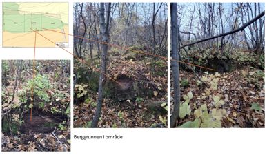 En collage som viser en situasjonsplan (øverst til venstre) og tre fotografier av berggrunnen i området, med pil som kobler plan til de fysiske områdene.