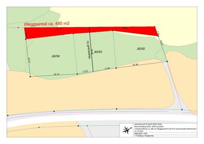 Situasjonsplan som viser eiendomsinndeling (92/52, 92/53, 92/54), en ny grenselinje, og et tilleggsareal på ca. 480 m².