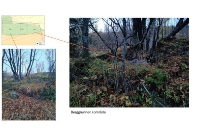 Fotografier av berggrunnen i et område, med en situasjonsplan som viser plasseringen av bildene.