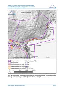 Et kart over et skredfareutredningsområde i Lyngen kommune, som viser topografi, bygdeområder og skredfareklasser.