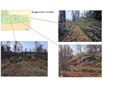 Bildet viser en situasjonsplan (topografisk kart) over et område med konturlinjer og høydemål, kombinert med tre foton som illustrerer terrenget (berggrunnen) på ulike steder i området.