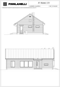 Fasadetegning (opprikk) av en hytte sett fra front og side.