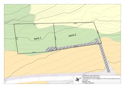 Situasjonsplan som viser tomt 1 og tomt 2 med topografi (konturlinjer), grenser, mål og en planlagt utvidelse av eiendommen.