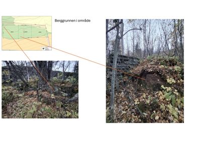 Et sammensatt bilde som viser en situasjonsplan (øverst til venstre) med en overskrift 'Berggrunnen i område', og to fotografier som illustrerer terrenget og en eksisterende bygning i området.