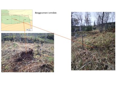 Fotografier av et område med berggrunn, inkludert et utgravet hull for å vise jordlagene, med en situasjonsplan som viser plasseringen.
