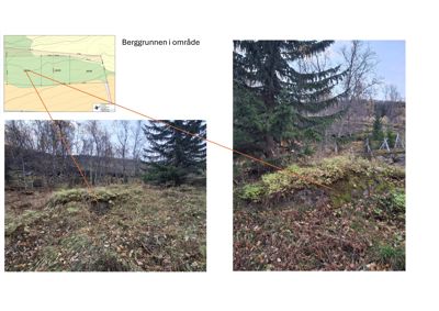 Bildet viser en situasjonsplan (kart) over et område med topografi og høydekurver, kombinert med to fotografier som illustrerer terrenget på stedet. Teksten 'Berggrunnen i område' indikerer at det er snakk om geologi eller grunnforhold.