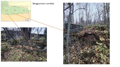 Fotografier av berggrunn i et område, illustrert med en situasjonskart i øvre venstre hjørne.