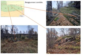 Situasjonsplan eller berggrunnsplan med tilhørende feltfotografier som illustrerer terrenget og berggrunnen i området.
